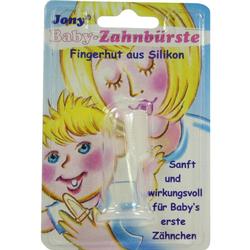 Verpackung einer Baby-Zahnbürste aus Silikon mit Mutter und Kind darauf abgebildet.
