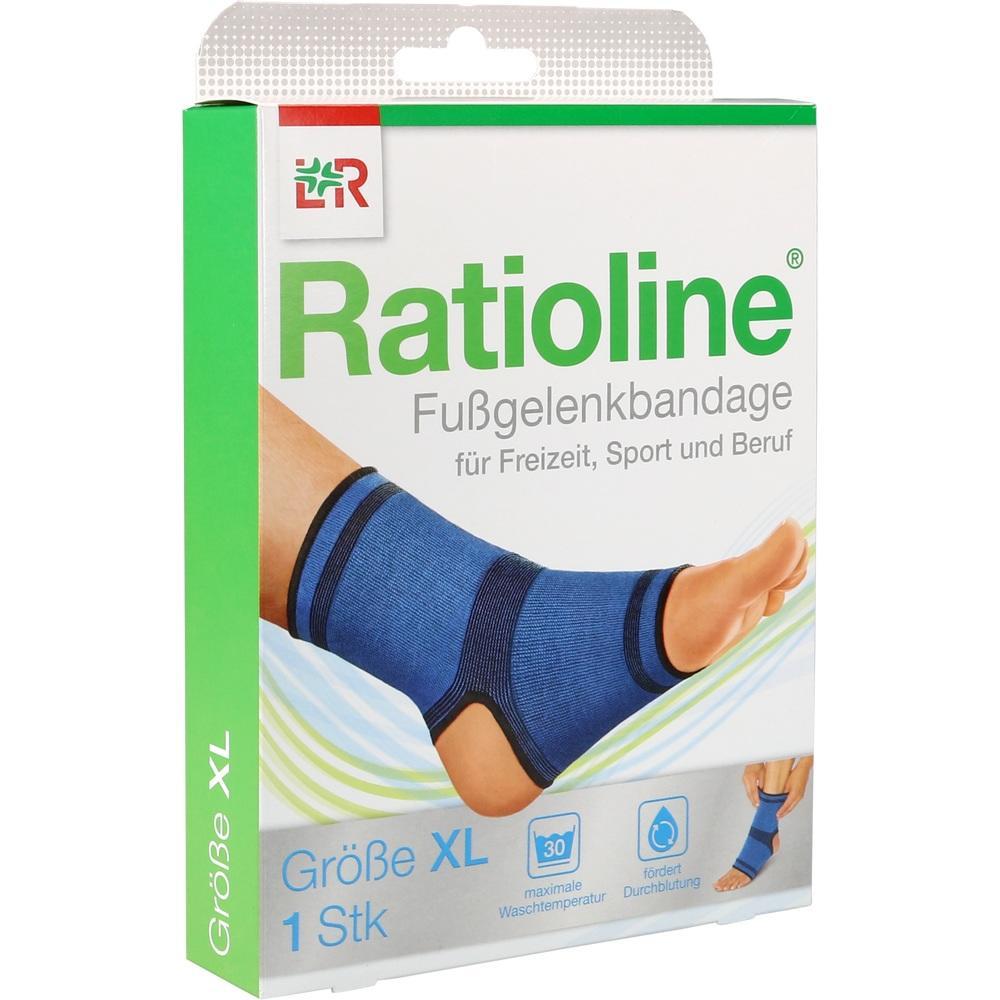Verpackung einer blauen Fußgelenkbandage in Größe XL.