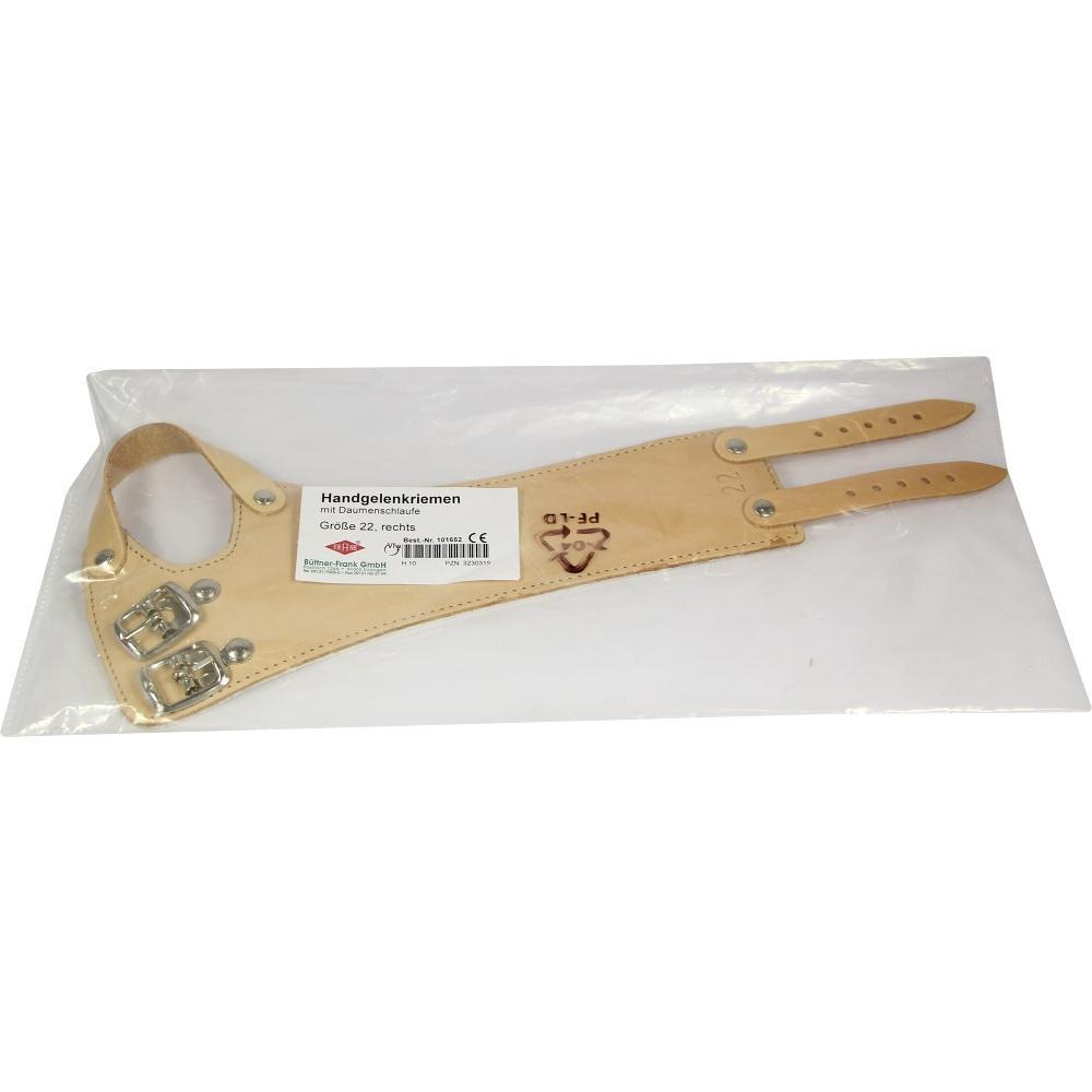 Beige Lederriemen für das Handgelenk mit Schnallen und Etikett.