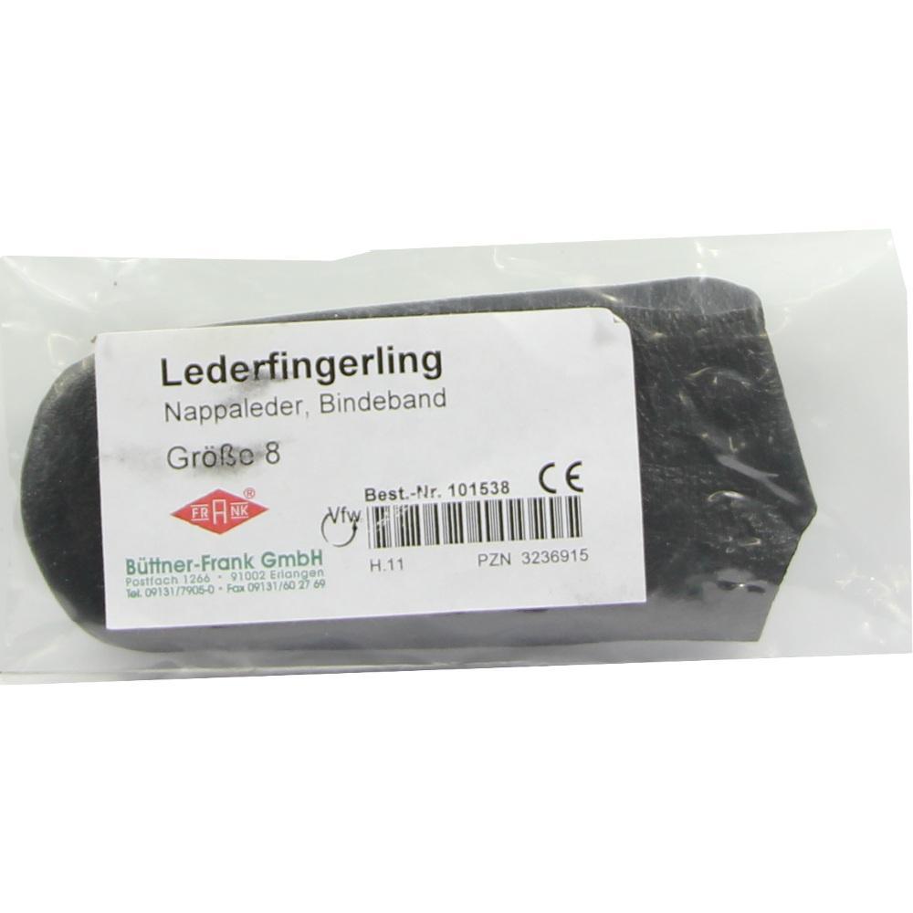Ein verpackter Lederfingerling in Größe 8 ist zu sehen.
