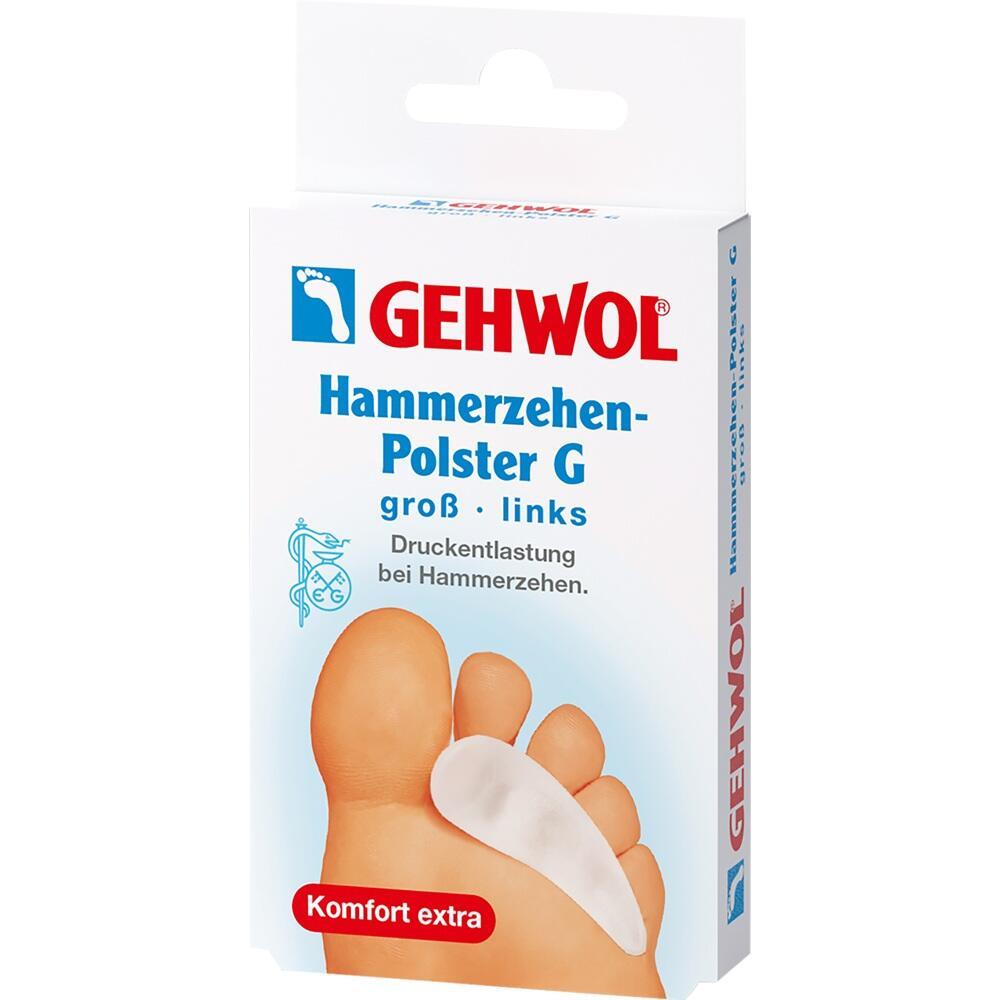 Eine Verpackung für Gehwol Hammerzehen-Polster mit einem Bild eines Fußes und einem Polster.