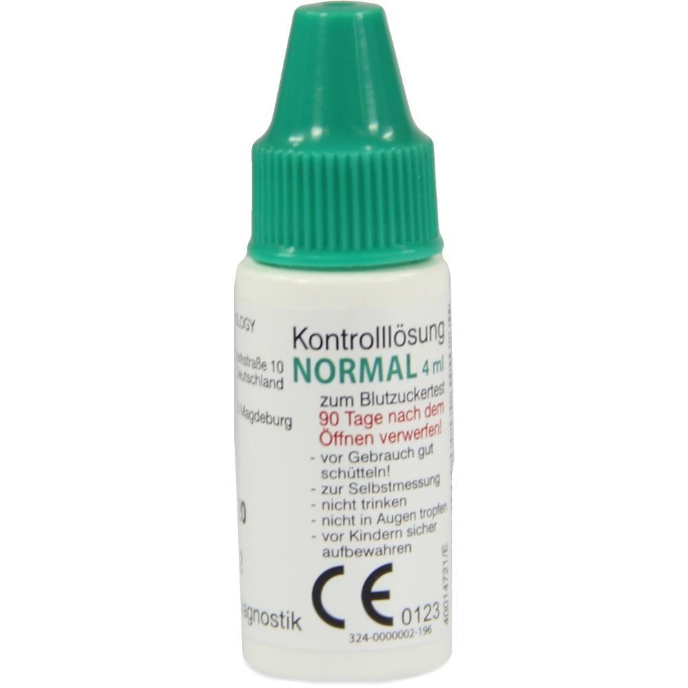 Kleine Flasche mit grüner Kappe und Text zur Blutzuckertest-Kontrolllösung.