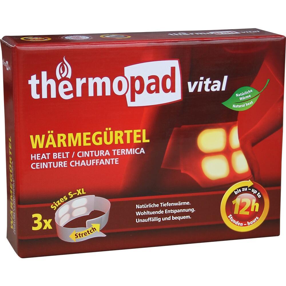 Rote Verpackung eines Wärmegürtels von Thermopad mit Infos zur Anwendung in mehreren Sprachen.
